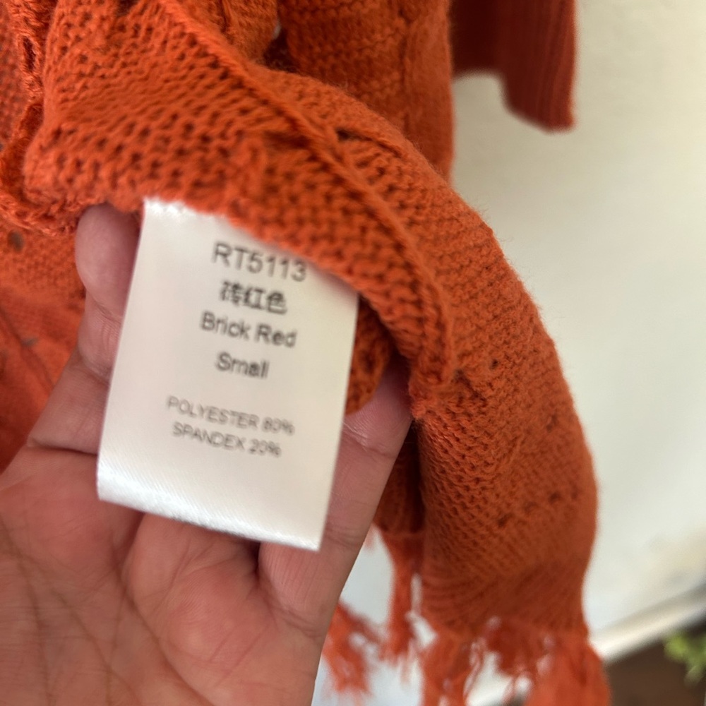 Boho Burnt Orange Fringe Cardigan , Open Knit Festival Sweater Size S - Picture 5 of 6